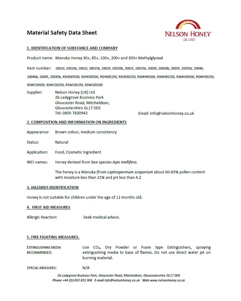 Material Safety Data Sheet - Manuka Honey